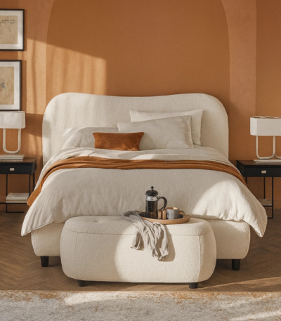 Essence Cloud Curved Upholstered Bed - Luxury white curved platform bed frame by Bahoo Interior UAE