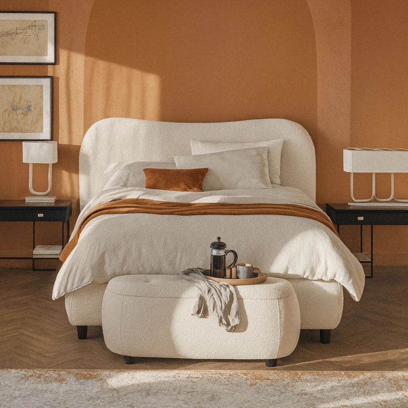 Essence Cloud Curved Upholstered Bed - Luxury white curved platform bed frame by Bahoo Interior UAE