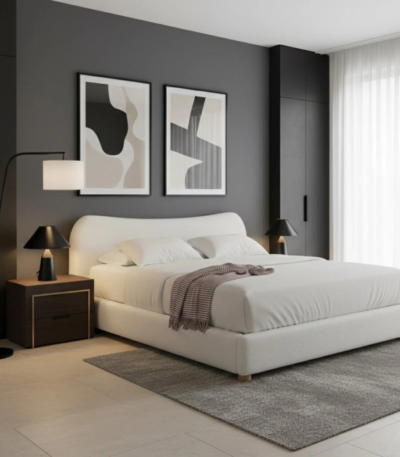 Elysian Bouclé Upholstered Bed Frame with Premium Solid Wood Core by Bahoo Interior UAE