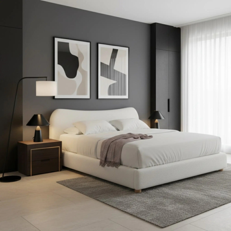 Elysian Bouclé Upholstered Bed Frame with Premium Solid Wood Core by Bahoo Interior UAE
