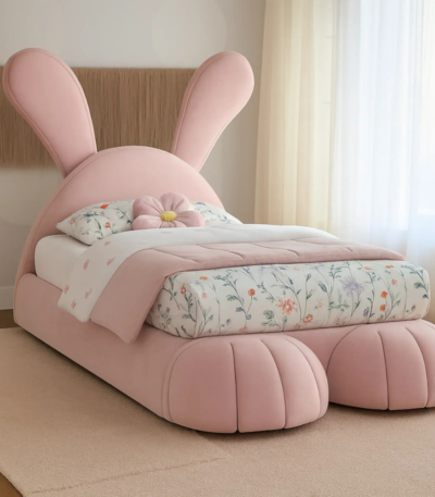 Bunny Princess Premium Upholstered Kids Bed - Whimsical pink velvet toddler bed by Bahoo Interior UAE