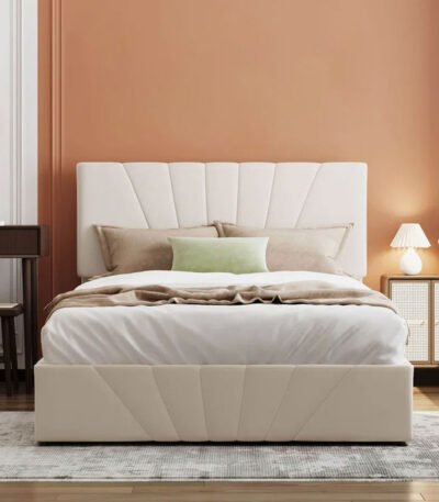 Haven Linen Upholstered Platform Bed with kiln-dried solid hardwood frame by Bahoo Interior UAE.
