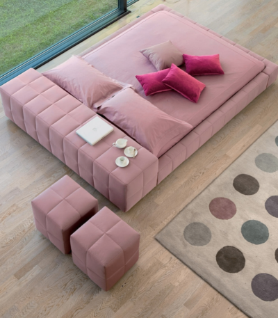Quadra Luxury Low-Profile Platform Bed with geometric tufted block upholstered frame by Bahoo Interior UAE