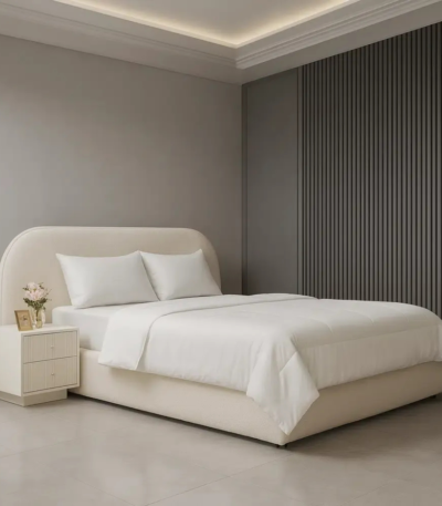 Oslo Scandinavian Bouclé Bed - Rounded low-profile upholstered platform frame by Bahoo Interior UAE