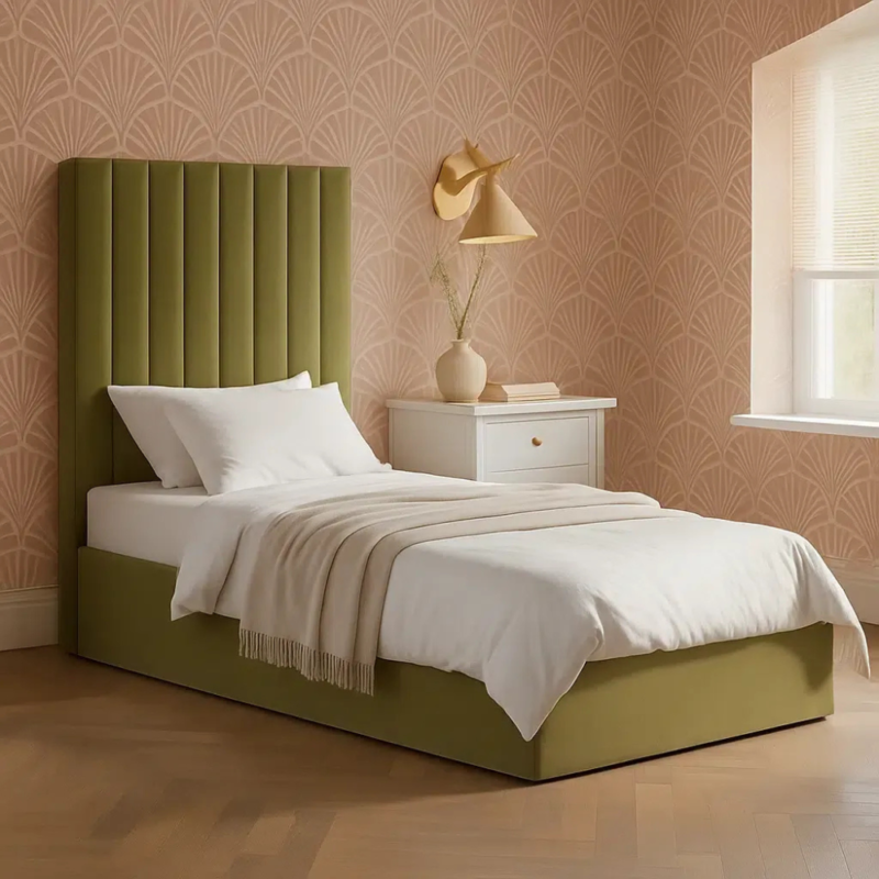 Zenith Vertical Paneled Velvet Bed - High-Profile Luxury Upholstered Platform Frame by Bahoo Interior UAE