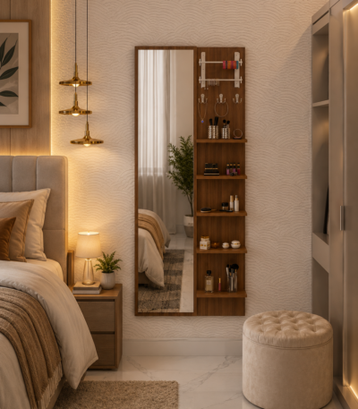Lyra wall-mounted floating dressing table with mirror and shelves, modern vanity set by Bahoo Interior UAE.