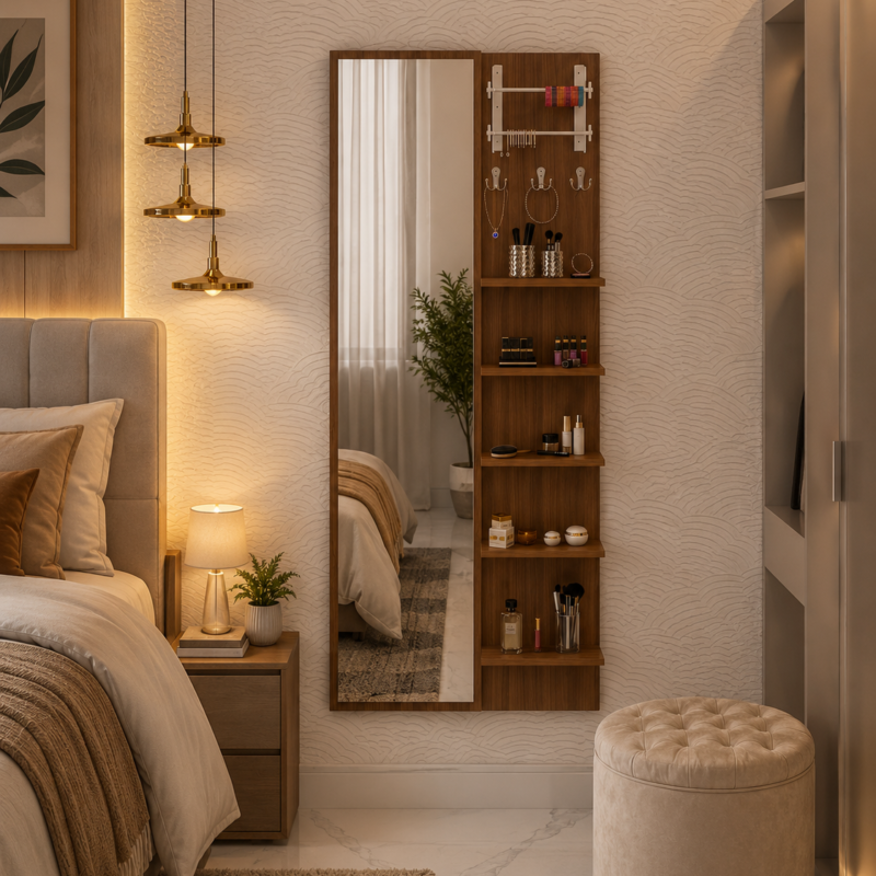 Lyra wall-mounted floating dressing table with mirror and shelves, modern vanity set by Bahoo Interior UAE.
