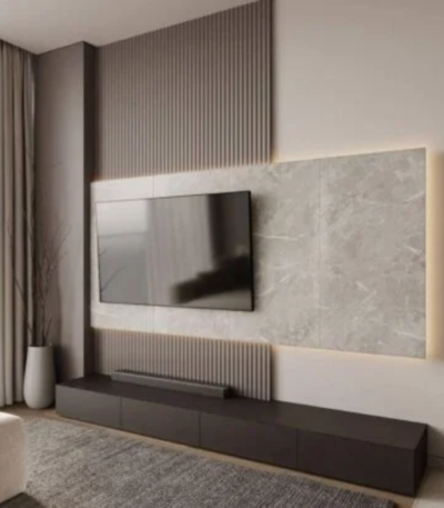 Luxury wall mounted TV unit with marble wall panels and floating cabinet for modern living rooms in Dubai UAE