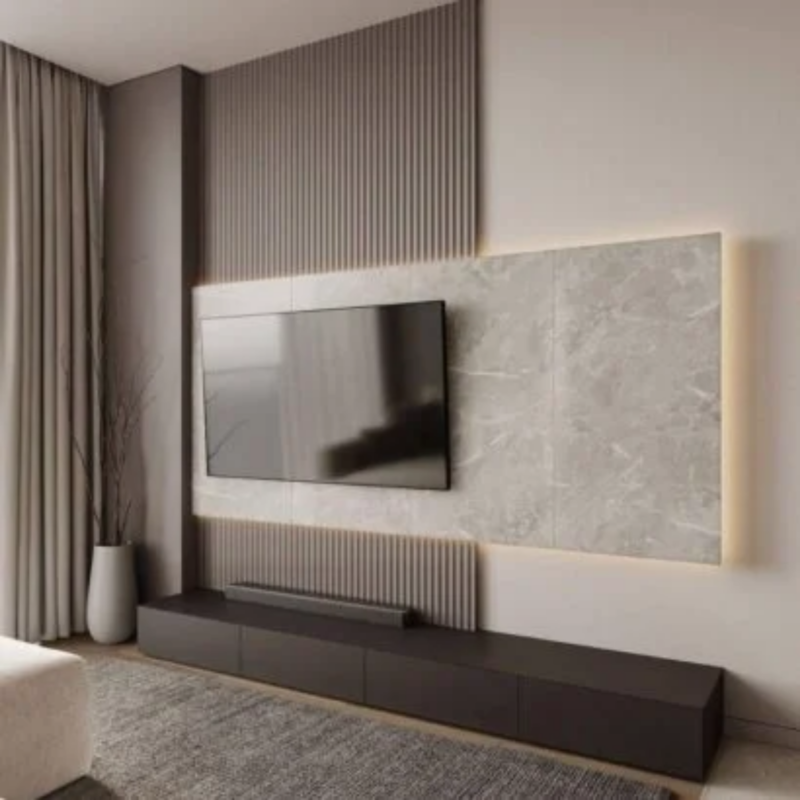 Luxury wall mounted TV unit with marble wall panels and floating cabinet for modern living rooms in Dubai UAE