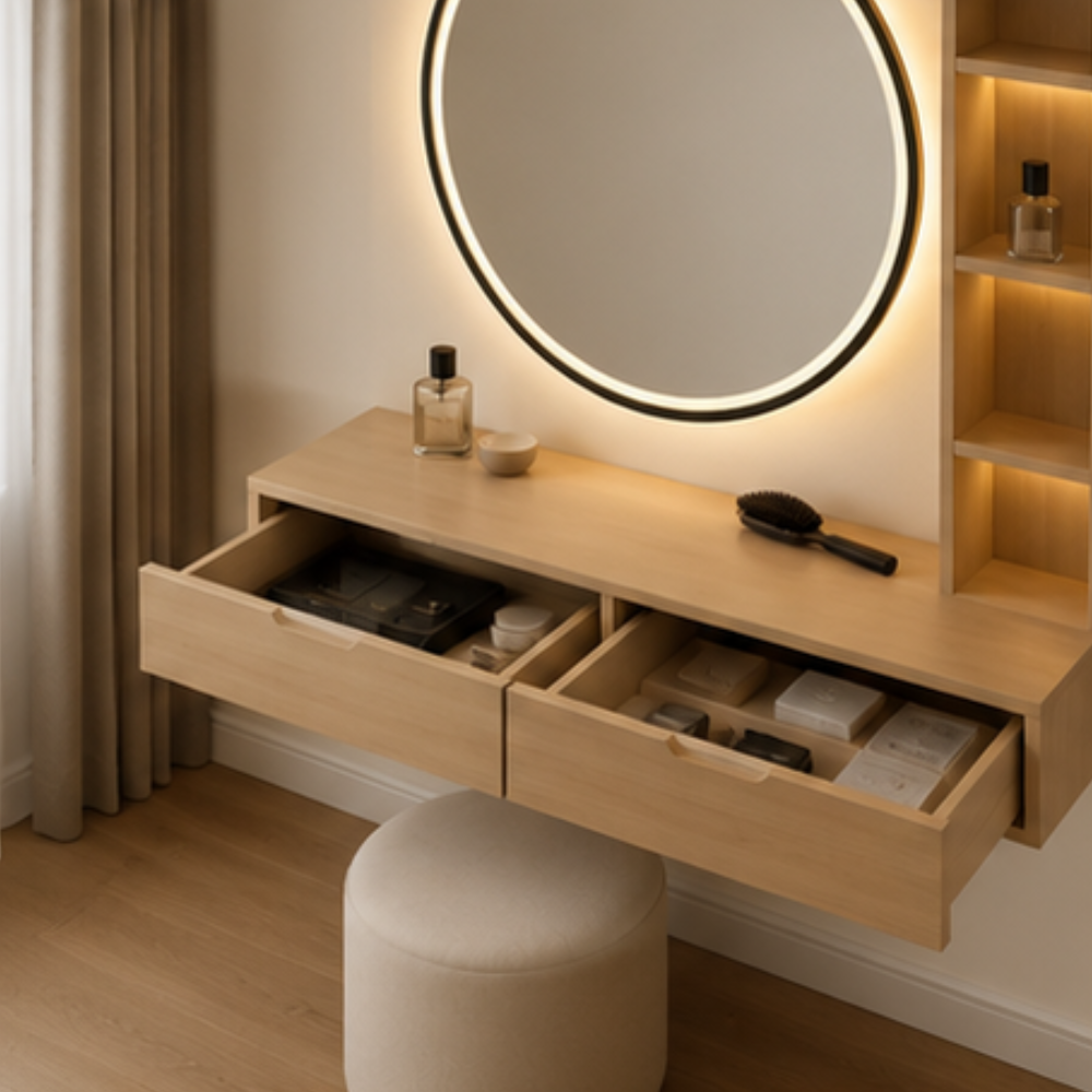 Bahoo Interior Floating Wood Makeup Vanity with LED Round Mirror and Display Shelf