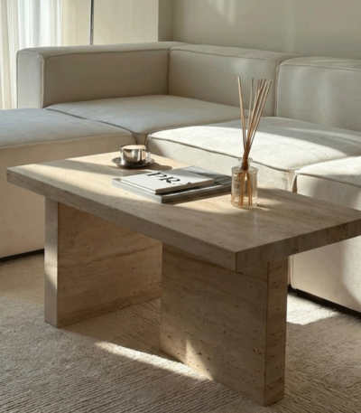 Bahoo Santorini Travertine Minimalist Coffee Table, natural stone furniture for modern UAE home interiors.