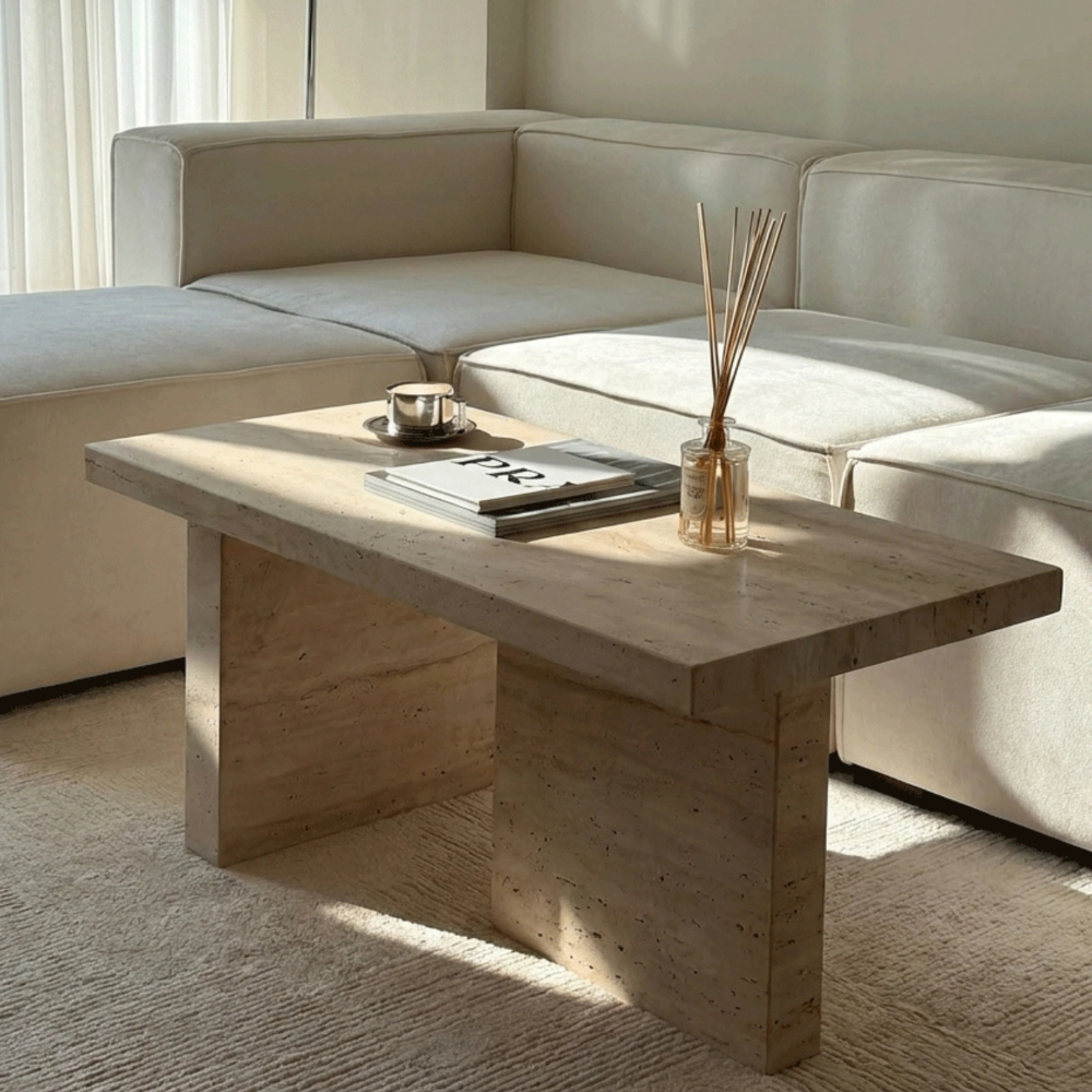 1500x1500px Bahoo Santorini Travertine Minimalist Coffee Table, natural stone furniture for modern UAE home interiors.