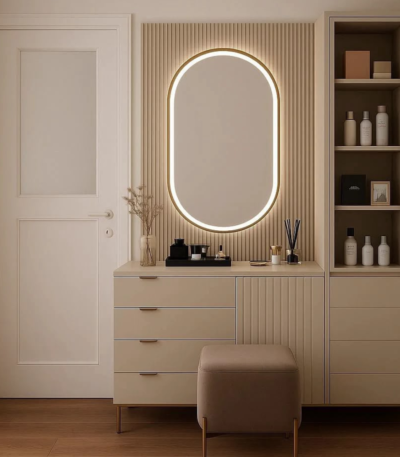 Bahoo Interior Modern Fluted Makeup Vanity with LED Mirror and Display Storage Cabinet