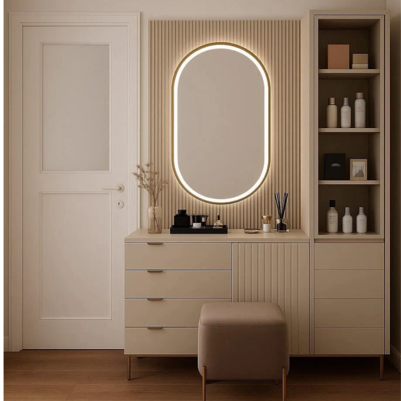 Bahoo Interior Modern Fluted Makeup Vanity with LED Mirror and Display Storage Cabinet