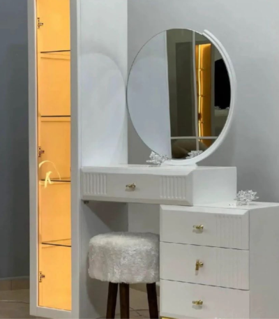 Bahoo Premium Fluted Wood Makeup Vanity with LED Storage Tower and White Marble Top