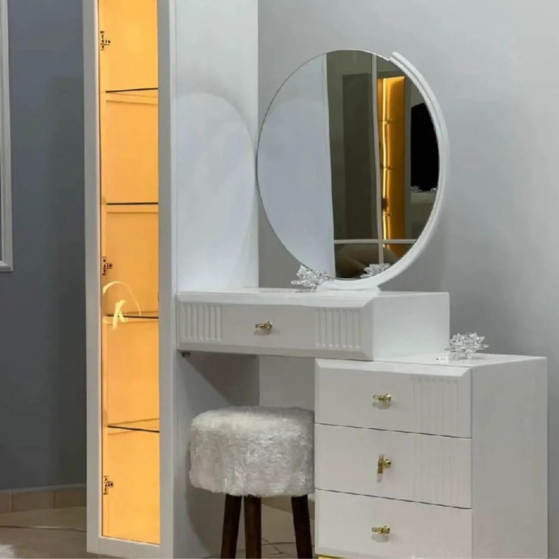 Bahoo Premium Fluted Wood Makeup Vanity with LED Storage Tower and White Marble Top
