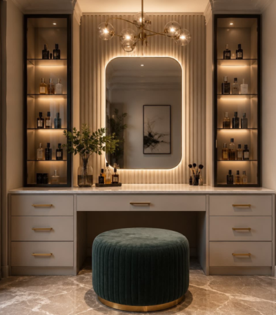 Luxury makeup vanity set with LED display cabinet, marble-style top, and upholstered ottoman by Bahoo Interior.