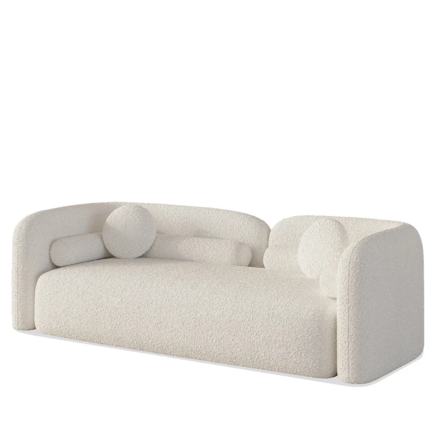 Ava Modern Bouclé 2 Seater Sofa | Bahoo Interior UAE Ava modern cream bouclé 2 seater curved sofa with round accent cushions by Bahoo Interior UAE