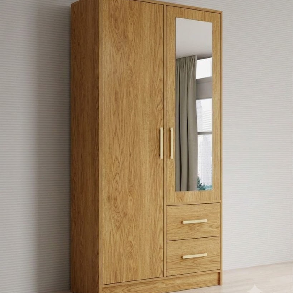 Halden 2-door engineered wood wardrobe with integrated mirror and drawers by Bahoo Interior UAE