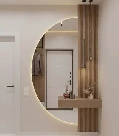 Aria Illuminated Half-Moon Mirror and Fluted Wood Entryway Vanity System by Bahoo Interior UAE