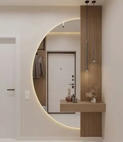 Aria Illuminated Half-Moon Mirror and Fluted Wood Entryway Vanity System by Bahoo Interior UAE