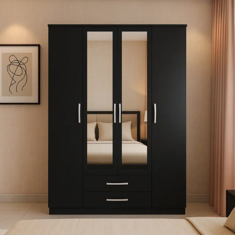 Bahoo Nilsen Modular 3-Door Sliding Wardrobe with Built-In Side Console and Loft Cabinets
