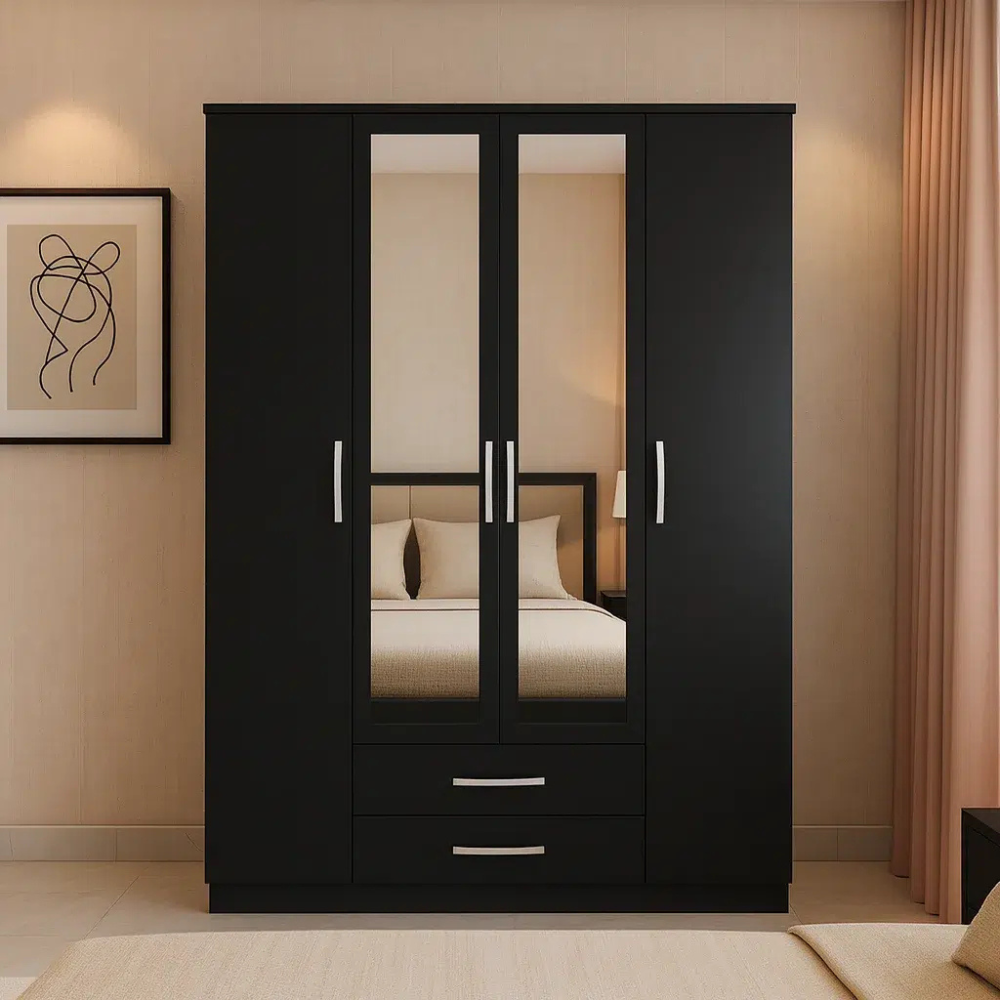 Bahoo Nilsen Modular 3-Door Sliding Wardrobe with Built-In Side Console and Loft Cabinets