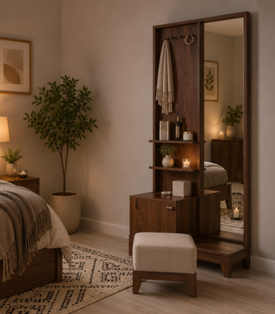 Harlow Full-Length Mirror Vanity Station with Bouclé Pouffe Set for modern bedroom dressing areas.