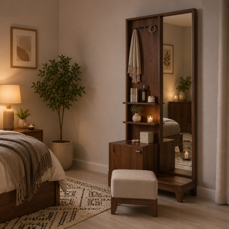 Harlow Full-Length Mirror Vanity Station with Bouclé Pouffe Set for modern bedroom dressing areas.