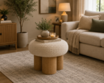 Celeste Tiered Bouclé Stool with Integrated Storage, textured cream fabric ottoman by Bahoo Interior UAE