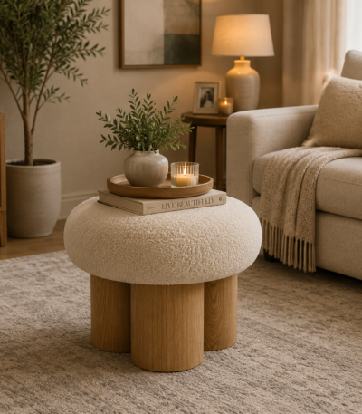 Celeste Tiered Bouclé Stool with Integrated Storage, textured cream fabric ottoman by Bahoo Interior UAE