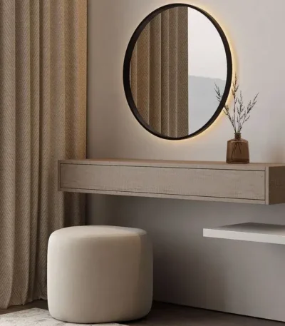 Cedar Floating Vanity Set with LED Mirror, modern wall-mounted dressing table for luxury bedroom interiors in UAE