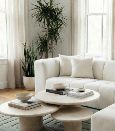 Bahoo Mondo Nesting Travertine Coffee Table Set – 3-Piece Sculptural Stone Tables