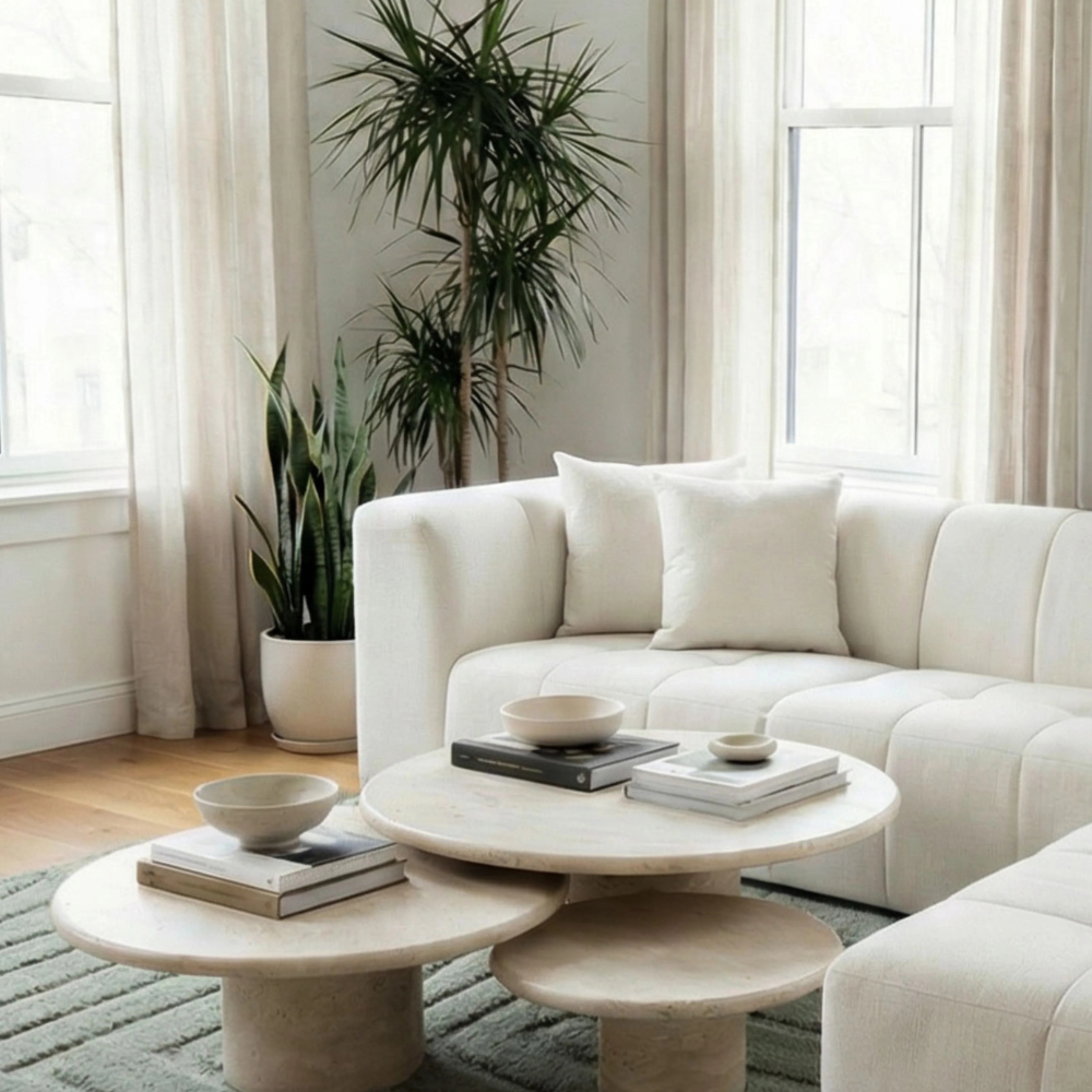 Bahoo Mondo Nesting Travertine Coffee Table Set – 3-Piece Sculptural Stone Tables