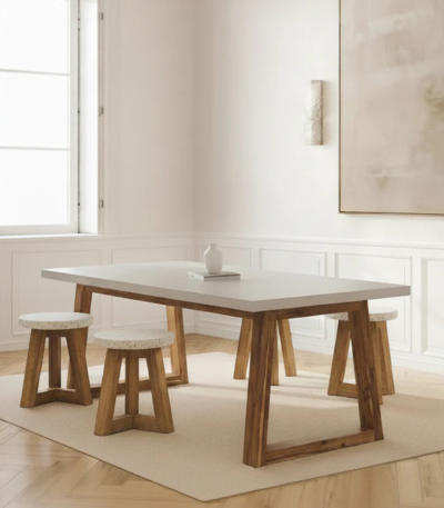 Bahoo Aviana Off-White Concrete & Natural Wood Dining Table – Modern Minimalist