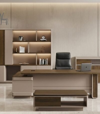 Grand Executive L-Shaped Desk with integrated storage, premium office furniture by Bahoo Interior UAE.