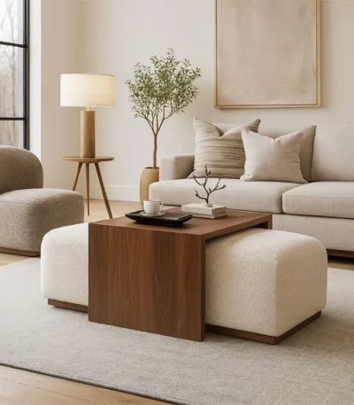 Aria Nesting Bench and Coffee Table Set with Modern Storage Ottoman for contemporary UAE living room interiors.