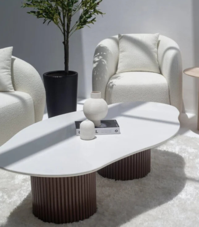 Artemisia Irregular White Quartz Coffee Table with Dual Brown Fluted Base