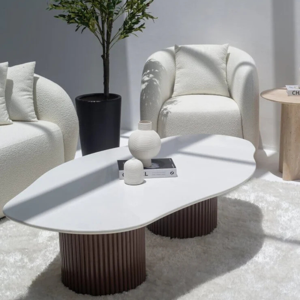Artemisia Irregular White Quartz Coffee Table with Dual Brown Fluted Base