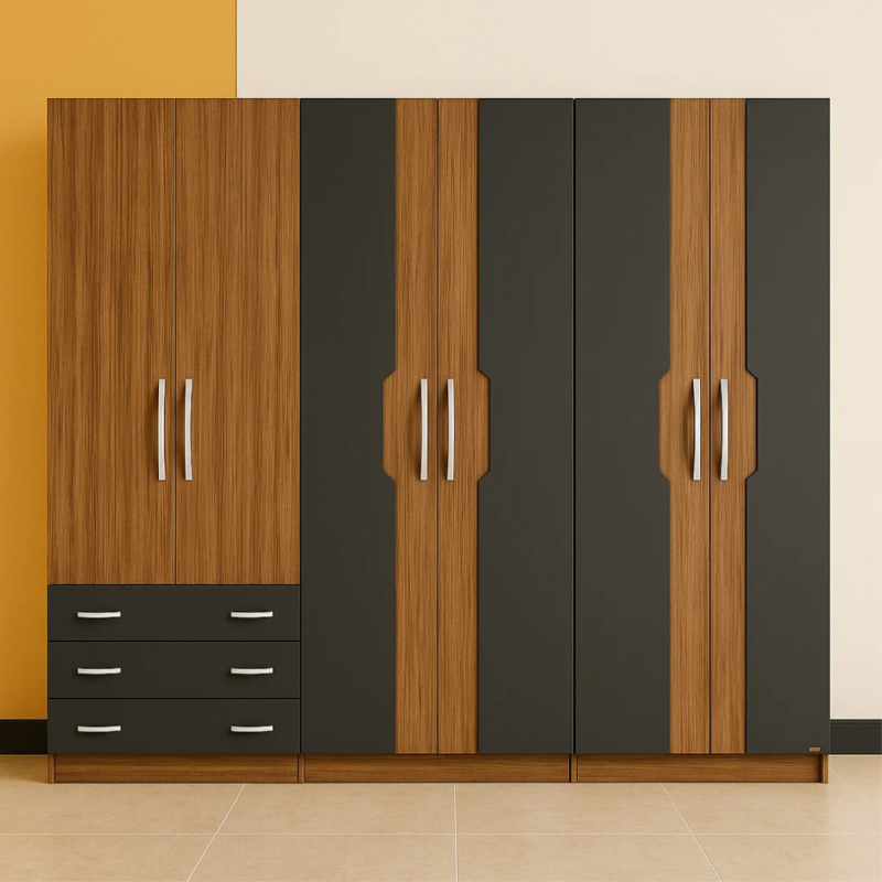 Bahoo Artisan Series 4-Door Wooden Wardrobe with heavy-duty internal organizers for bedroom storage in UAE.