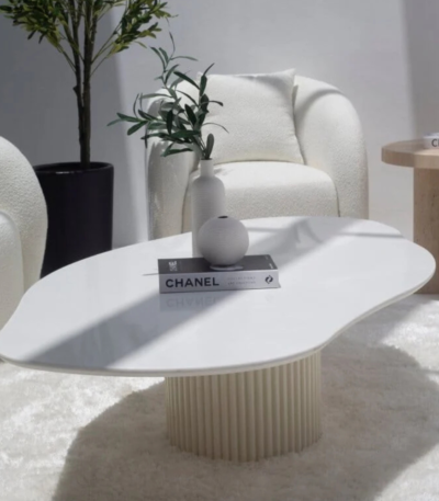 Bahoo Artemisia Irregular White Quartz Coffee Table with Dual Beige Fluted Base