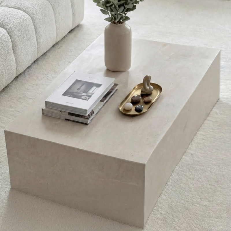 Bahoo Felicity Minimalist Crema Marfil Marble Block Coffee Table
