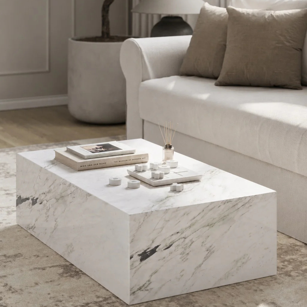 Bahoo Felicity Viola White Marble Cube Coffee Table