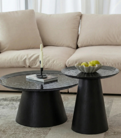 Bahoo Ovid Round Nesting Coffee Table Set with Ripple Glass and Matte Black Storage Base