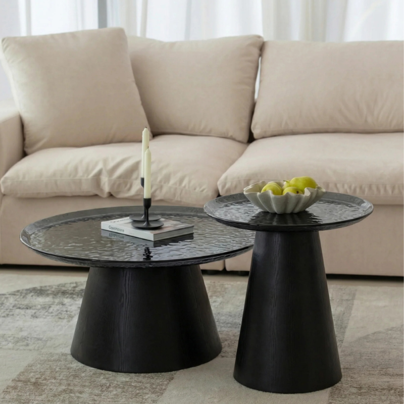 Bahoo Ovid Round Nesting Coffee Table Set with Ripple Glass and Matte Black Storage Base