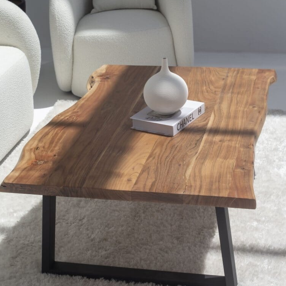 Bahoo Pariel dark acacia wood live edge coffee table with industrial metal legs