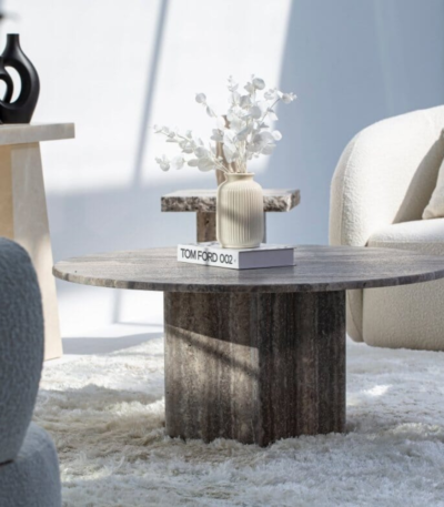 Bahoo Peyton Grey Travertine Round Coffee Table with Hidden Storage