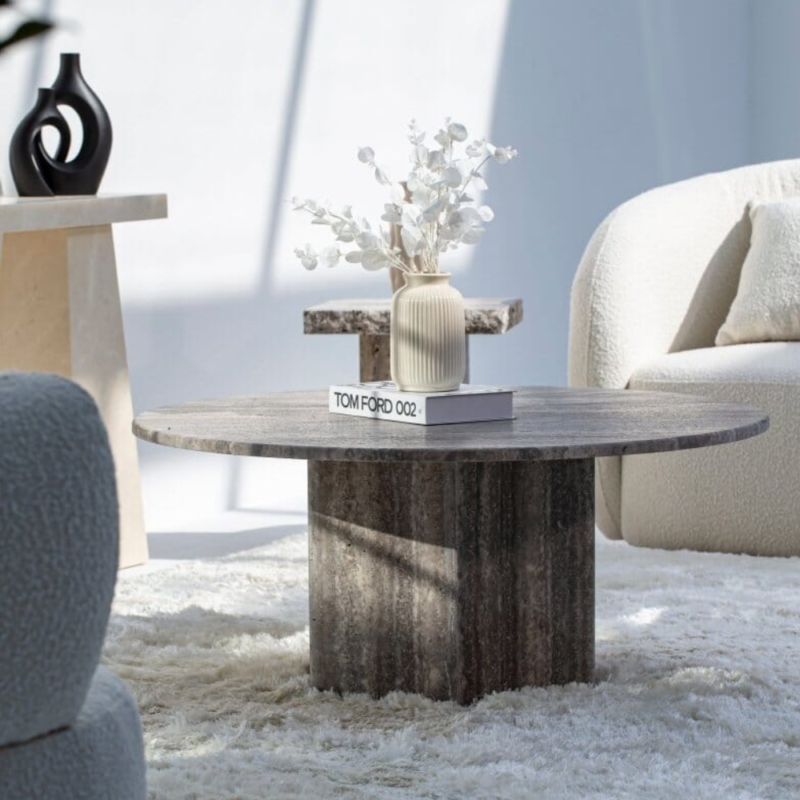 Bahoo Peyton Grey Travertine Round Coffee Table with Hidden Storage