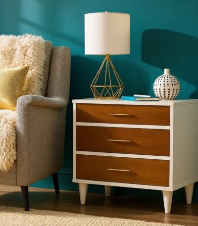 Cassie Mid-Century Modern 3-Drawer Nightstand - Wood bedside table for bedroom storage by Bahoo Interior UAE