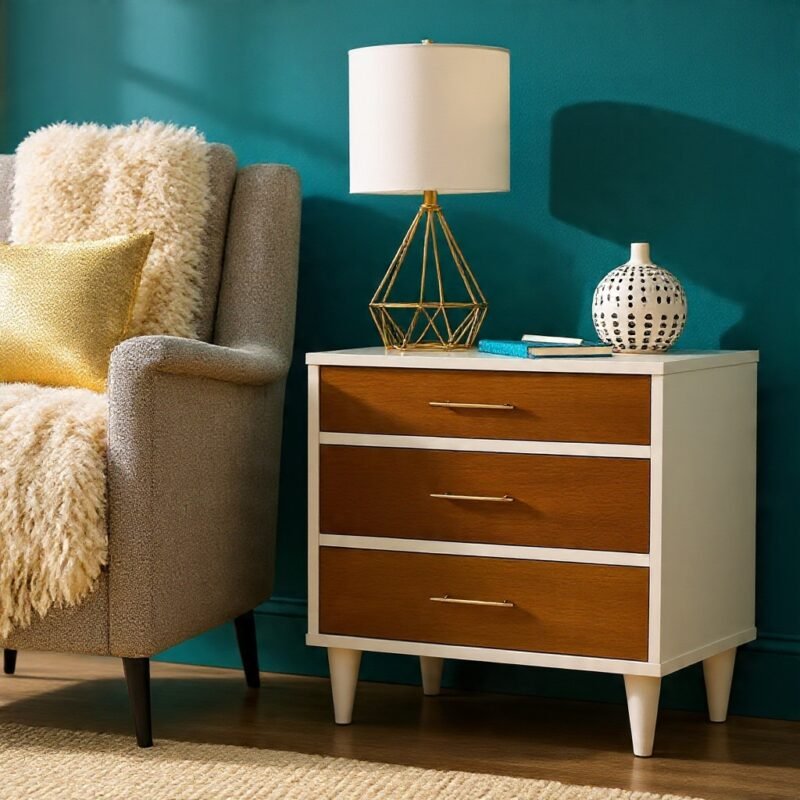 Cassie Mid-Century Modern 3-Drawer Nightstand - Wood bedside table for bedroom storage by Bahoo Interior UAE